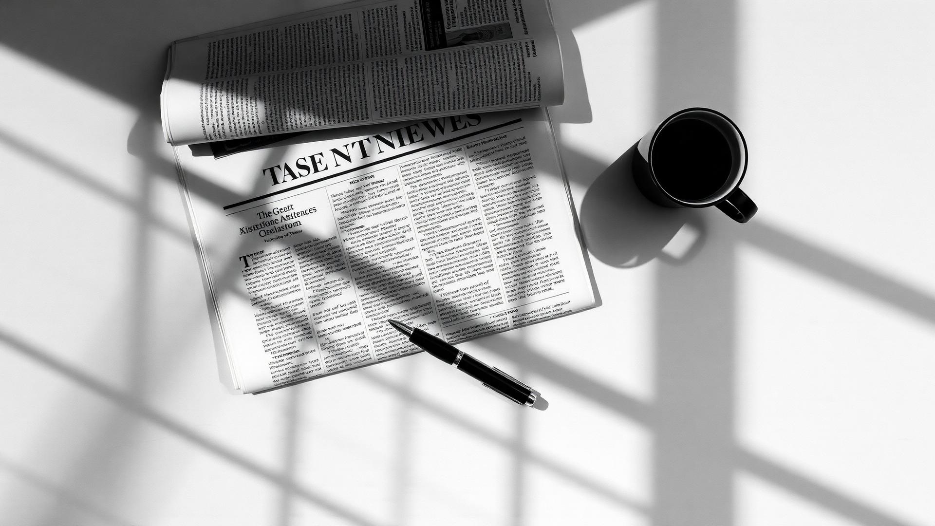Editorial still life — newspaper, fountain pen, and espresso cup